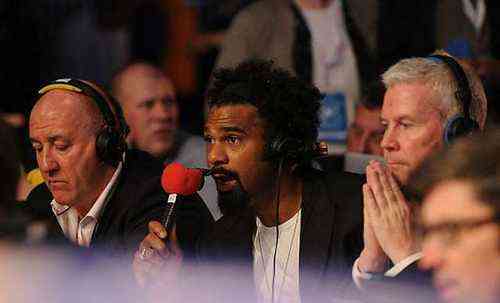Match room boxing 02 arena 10/09/16: Picture; Kevin Quigley/Daily Mail Lee Haskins (blue & silver shorts) v Stuart Hall (blue red and white shorts) David Haye commentating on radio